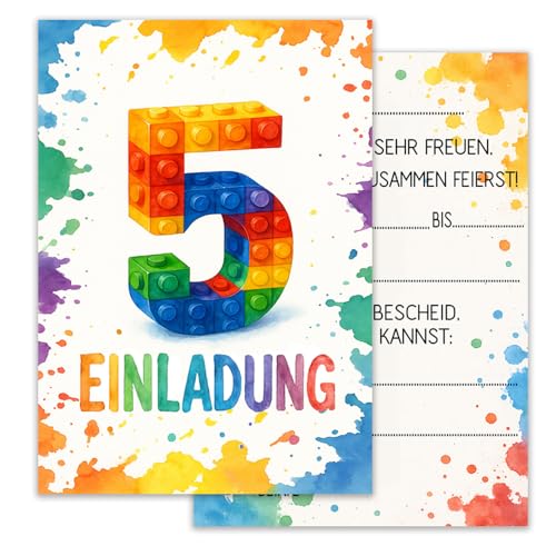 ZELAITE 12 Stück 5. Geburtstag Bausteine Einladungskarten, Baustein Einladungen Kindergeburtstag Mädchen und Junge, Blocks Einladungskarten inkl. 12 Briefumschlägen, Einladungskarten Kids (5) von ZELAITE