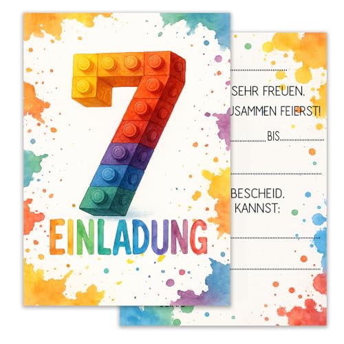 ZELAITE 12 Stück 7. Geburtstag Bausteine Einladungskarten, Baustein Einladungen Kindergeburtstag Mädchen und Junge, Blocks Einladungskarten inkl. 12 Briefumschlägen, Einladungskarten Kids (7) von ZELAITE