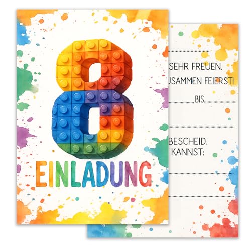 ZELAITE 12 Stück 8. Geburtstag Bausteine Einladungskarten, Baustein Einladungen Kindergeburtstag Mädchen und Junge, Blocks Einladungskarten inkl. 12 Briefumschlägen, Einladungskarten Kids (8) von ZELAITE