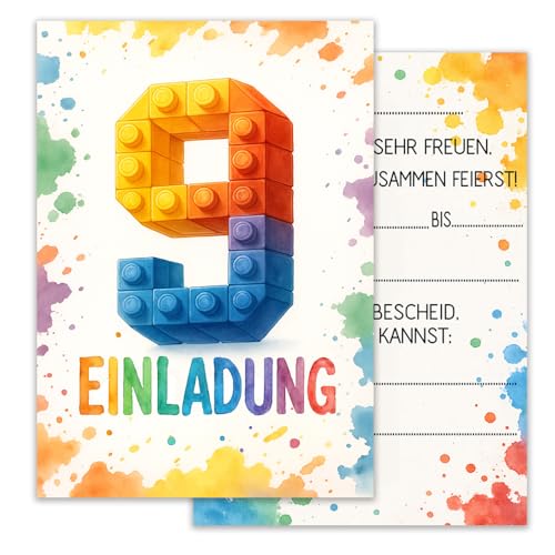 ZELAITE 12 Stück 9. Geburtstag Bausteine Einladungskarten, Baustein Einladungen Kindergeburtstag Mädchen und Junge, Blocks Einladungskarten inkl. 12 Briefumschlägen, Einladungskarten Kids (9) von ZELAITE