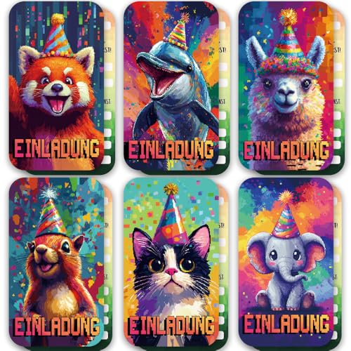 ZELAITE 12 Stück EINLADUNGSKARTEN KINDERGEBURTSTAG Mädchen Junge, Tier Einladungskarten, 6 Tier Motiven geburtstagseinladungen inkl. 12 Briefumschläge (B) von ZELAITE