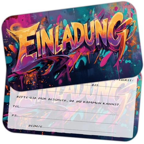 ZELAITE 12 x Original Graffiti Einladungskarten, Graffiti Einladungskarten Kindergeburtstag Junge und Mädchen, Einladung Geburtstag Graffiti, Partyeinladungen,Einschulung Einladungskarten (C) von ZELAITE