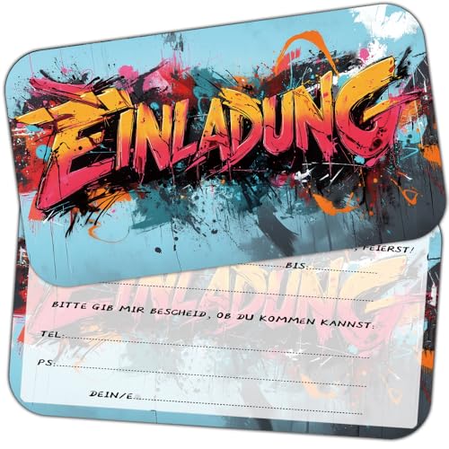 ZELAITE 12 x Original Graffiti Einladungskarten, Graffiti Einladungskarten Kindergeburtstag Junge und Mädchen, Einladung Geburtstag Graffiti, Partyeinladungen,Einschulung Einladungskarten (D) von ZELAITE