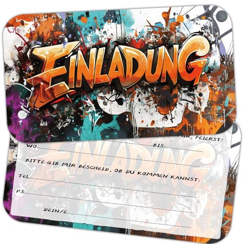ZELAITE 12 x Original Graffiti Einladungskarten, Graffiti Einladungskarten Kindergeburtstag Junge und Mädchen, Einladung Geburtstag Graffiti, Partyeinladungen,Einschulung Einladungskarten (F) von ZELAITE