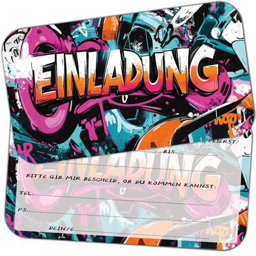 ZELAITE 12 x Original Graffiti Einladungskarten, Graffiti Einladungskarten Kindergeburtstag Junge und Mädchen, Einladung Geburtstag Graffiti, Partyeinladungen,Einschulung Einladungskarten (I) von ZELAITE