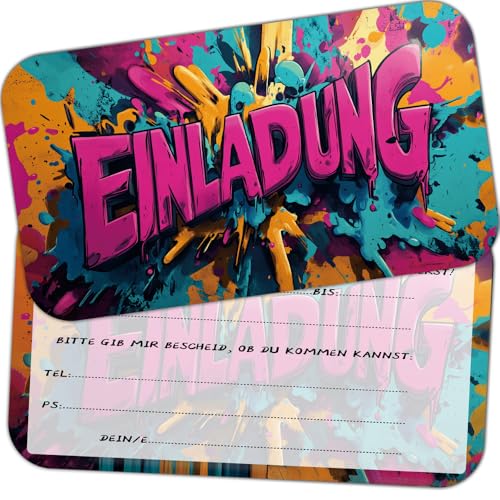 ZELAITE 12 x Original Graffiti Einladungskarten, Graffiti Einladungskarten Kindergeburtstag Junge und Mädchen, Einladung Geburtstag Graffiti, Partyeinladungen,Einschulung Einladungskarten (J) von ZELAITE