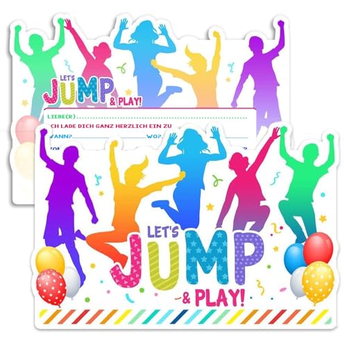 ZELAITE 12x Jump Party EINLADUNGSKARTEN KINDERGEBURTSTAG Junge Mädchen, Jump Party Einladung, Trampolin Einladungskarten Kindergeburtstag (B) von ZELAITE