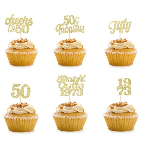 ZELAITE 13 Stück Cupcake Toppers Glitter"Happy 50th Birthday" Kuchen Topper, 1973 Kuchendekoration für 50. Geburtstag Hochzeit Jahrestag Party Kuchen Dekorationen Gold (50) von ZELAITE