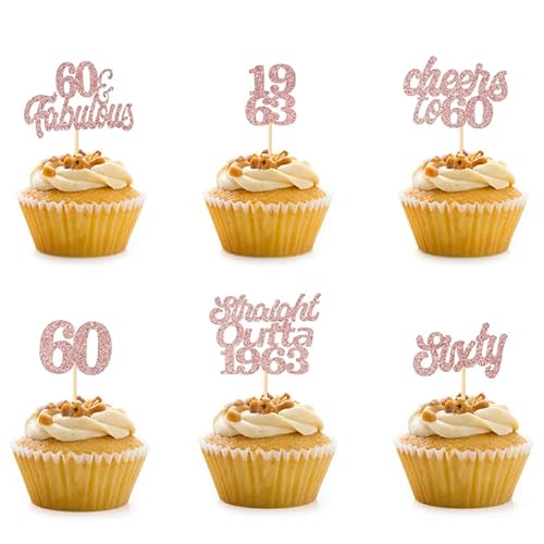 ZELAITE 13 Stück Cupcake Toppers Glitter"Happy 60th Birthday" Kuchen Topper, 1963 Kuchendekoration für 60. Geburtstag Hochzeit Jahrestag Party Kuchen Dekorationen Gold (r60) von ZELAITE