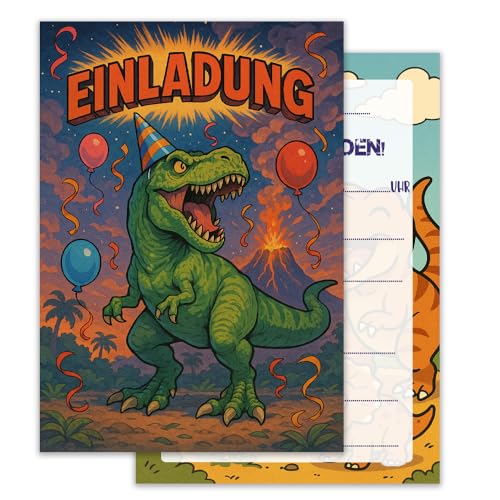 ZELAITE Kindergeburtstag Einladungskarten Dino Partyeinladungen, 12 Einladungskarten Kindergeburtstag Jungs, Dinosaurier Geburtstagseinladungen Jungen, inkl. 12 Briefumschläge (L) von ZELAITE
