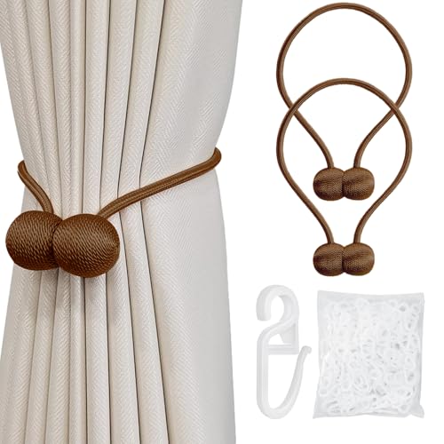 Gardinenhaken 50 Stück mit Magnetische Vorhang Raffhalter 2 Stück Vorhanghaken Vorhang Clips Universal Überklipshaken Weiß für Zuhause Schlafzimmer Büro Dekorativer Vorhang (Braun) von ZENGSING
