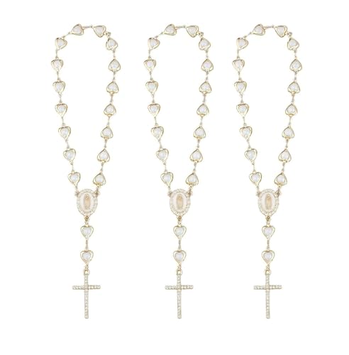 3 Stück katholische Maria Christus Gebets-Rosenkranz, herzförmige Nachahmung Perle Jungfrau Maria Kreuz Anhänger Auto Rückspiegel Rosenkranz Charm, religiöses Glücksschutzzubehör von ZENRUIMING