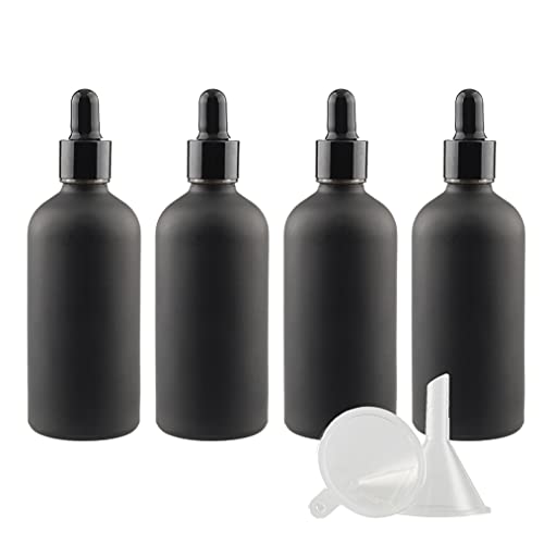 ZEOABSY 4 Stück 100ml Matt schwarz Pipettenflasche Tropfpipetten mit Schwarz Pipettenring für Ätherisches Öl,Aromatherapie, Massage, Duftöl Probe,Make-up,chemische Flüssigkeit + 1x Trichter von ZEOABSY