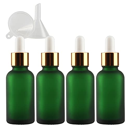 ZEOABSY 4 Stück 30ml Matt Grün Pipettenflasche Tropfpipetten mit Gold Pipettenring für Ätherisches Öl,Aromatherapie, Massage, Duftöl Probe,Make-up + 1x Trichter von ZEOABSY