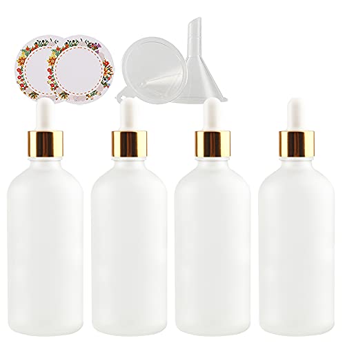 ZEOABSY 4 Stück Matt transparent Pipettenflasche mit Gold Pipettenring, 100ml Glasflasche Glaspipette Tropfpipetten für Ätherisches Öl,Aromatherapie, Massage, Duftöl Probe +Trichter von ZEOABSY