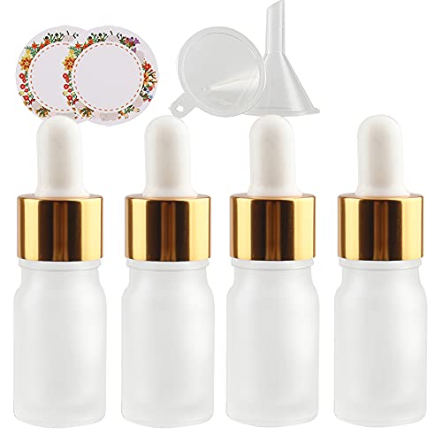 ZEOABSY 4 Stück Matt transparent Pipettenflasche mit Gold Pipettenring, 5ml Glasflasche Glaspipette Tropfpipetten für Ätherisches Öl,Aromatherapie, Massage, Duftöl Probe +Trichter von ZEOABSY