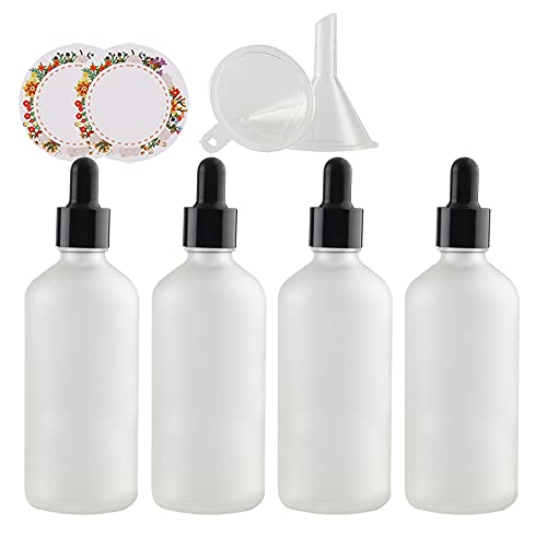 ZEOABSY 4 Stück Matt transparent Pipettenflasche mit Schwarz Pipettenring, 100ml Glasflasche Glaspipette Tropfpipetten für Ätherisches Öl,Aromatherapie, Massage, Duftöl Probe +Trichter von ZEOABSY