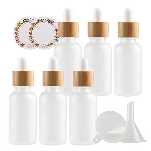 ZEOABSY 6 Stück Matt transparent Pipettenflasche mit Bambus Pipettenring, 30ml Glasflasche Glaspipette Tropfpipetten für Ätherisches Öl,Aromatherapie, Massage, Duftöl Probe + Trichter von ZEOABSY