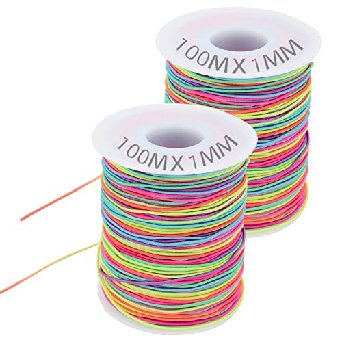 ZEONHEI 2 Stück 100m x 1mm Elastische Perlenschnur, Regenbogen Perlenschnur DIY Bastelnschnur, Elastisches Gummiband Schnur Bunte Perlenschnur Beading Cords Threads für Schmuck Basteln Perlen Armband von ZEONHEI