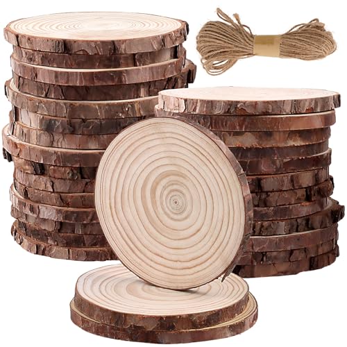 ZEONHEI 30 Stück Runde Holzscheibe, 12-13 cm Unvollendete Holzkreise, Mit 2 Stück 10m Hanfseil, Runde Baumscheiben mit Rinde, Holz Log Handwerkliche Scheiben für Kunst Malerei Dekoration DIY Handwerk von ZEONHEI