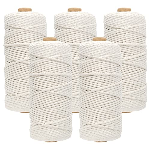 ZEONHEI 5 Stück 5 Rollen 3mm x 100m Makramee Garn, Weiß Natur Kordel Schnur Garn, Makramee Baumwolle Garn für DIY Handwerk Hängender Topf von ZEONHEI