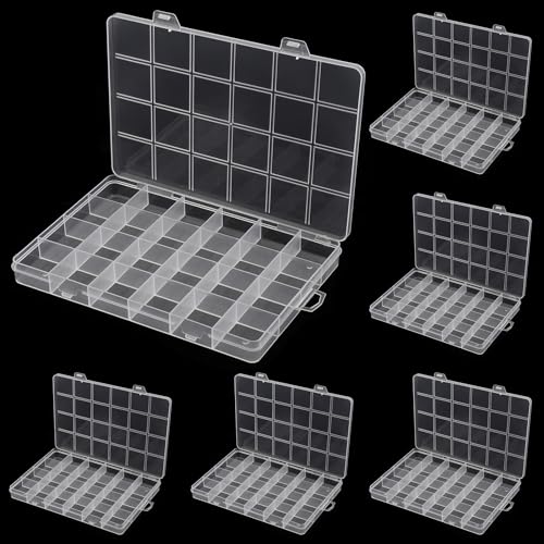 ZEONHEI 6 Stück 24 Fächer Aufbewahrungsbox, Klar Klein Kunststoff Sortierboxen mit Trennwänden, Kleinteilebox Sortierbox für Kleinteile, Schmuck, Perlen, Ohrring (FIXED STYLE) von ZEONHEI
