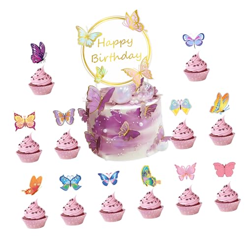 Schmetterlings-Partydekorationsset, Cupcake-Topper, dekorative Banner, Kuchenzubehör, Papiertextur, geeignet für Festival-Feierdekorationen von ZEPFJHE