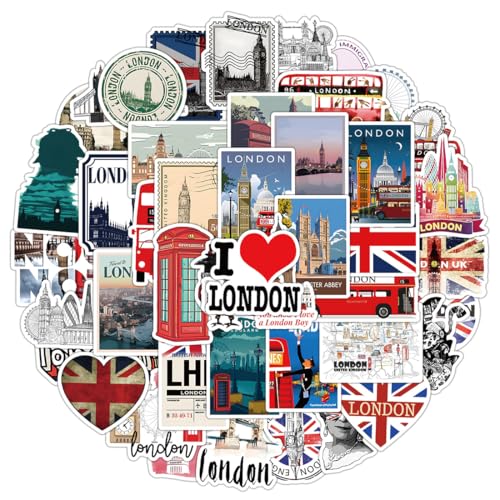 50 Stück Großbritannien Aufkleber, UK Urlaub Reise Aufkleber, Scrapbooking-Aufkleber, Wasserdichte Koffer Sticker für Scrapbooking, Wasserflasche, Gepäck, Skateboard, Gitarre, Laptop von ZEPIQOR