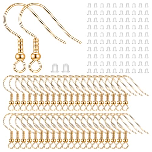 ZEPIQOR 100 Stück Ohrring Haken Set, Ohrringe Selber Machen Set, 925 Silber Ohrhaken Mit 100 Silikon Ohrring Stopper, Ohrringe Basteln - Für Diy Ohrhänger Schmuckherstellun (Gold) von ZEPIQOR