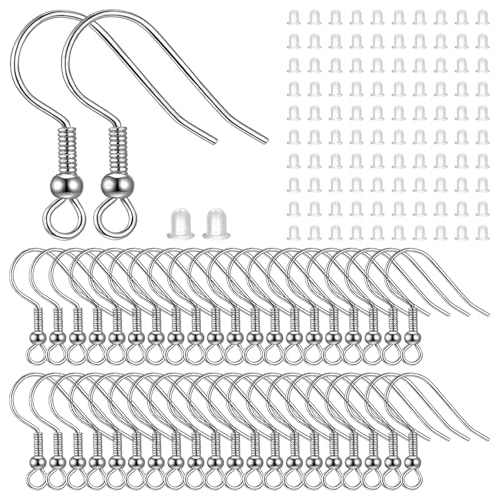 ZEPIQOR 100 Stück Ohrring Haken Set, Ohrringe Selber Machen Set, 925 Silber Ohrhaken Mit 100 Silikon Ohrring Stopper, Ohrringe Basteln - Für Diy Ohrhänger Schmuckherstellun (Silber) von ZEPIQOR