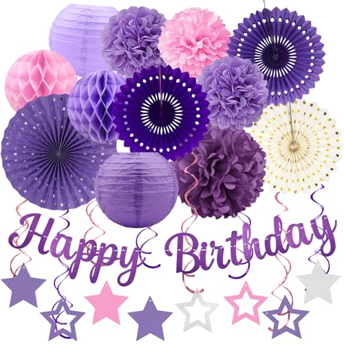 Lila Geburtstagsparty-Dekorationen - 29 Stück Lavendel-Rosa-Lila Party-Dekorationen für Frauen und Mädchen, Glückwunsch-Banner, Papierstreifen, Laternen und Papier-Pompons - ZERODECO Lila Geburtstagsparty-Dekorationen - 29 Stück Lavendel-Rosa-Lila Party-Dekorationen für Frauen und Mädchen, Glückwunsch-Banner, Papierstreifen, Laternen und Papier-Pompons - ZERODECO von ZERODECO