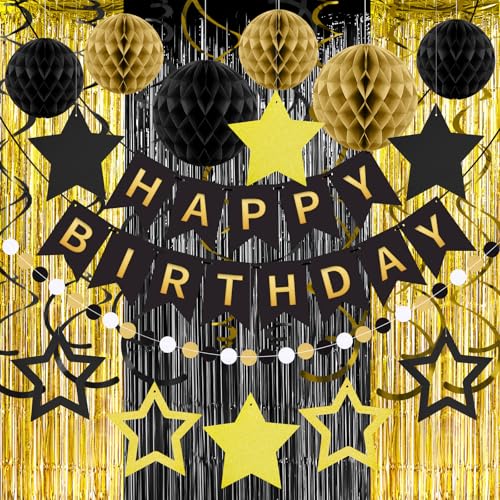 Tolle Geburtstag Deko Set - Geburtstag Banner, Folien Vorhänge, Wabenbälle & Party Accessoires Schwarzes Gold Geburtstagsdeko - Für Jungens/Mädchen Kindergeburtstag - Einfache Montage Tolle Geburtstag Deko Set - Geburtstag Banner, Folien Vorhänge, Wabenbälle & Party Accessoires Schwarzes Gold Geburtstagsdeko - Für Jungens/Mädchen Kindergeburtstag - Einfache Montage von ZERODECO