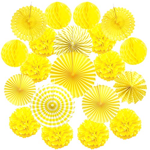 ZERODECO 20 Stück Seidenpapier Pompoms, Papier Fans Fächer und Wabenbälle Dekorpapier Kit für Geburtstag Hochzeit Baby Dusche Parteien Hauptdekorationen - Gelb von ZERODECO