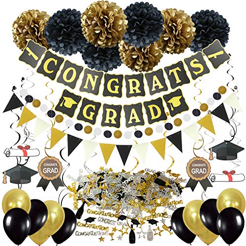 ZERODECO Abschlussdekorationen, Schwarz und Gold Congrats Grad Banner mit Seidenpapier Pom Poms Dreieckige Wimpel Girlande Spiralen Dekoration Abschluss Konfetti und Luftballon ZERODECO Abschlussdekorationen, Schwarz und Gold Congrats Grad Banner mit Seidenpapier Pom Poms Dreieckige Wimpel Girlande Spiralen Dekoration Abschluss Konfetti und Luftballon von ZERODECO