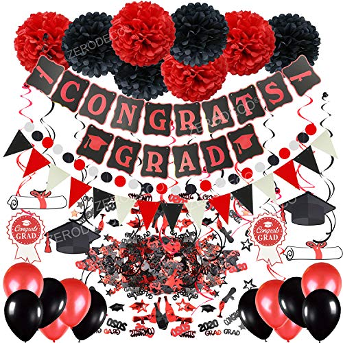 ZERODECO Abschlussdekorationen, Schwarz und Rot Congrats Grad Banner mit Seidenpapier Pom Poms Dreieckige Wimpel Girlande Spiralen Dekoration Abschluss Konfetti und Luftballon von ZERODECO