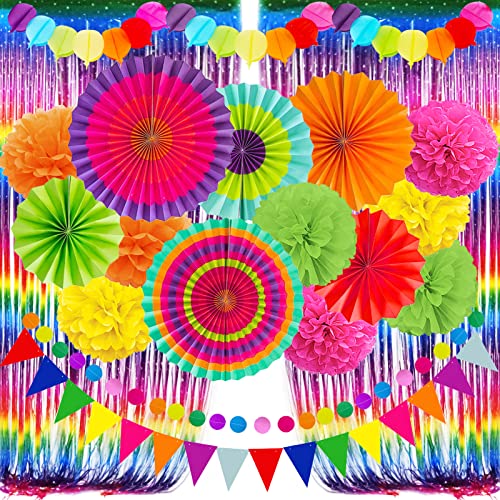 ZERODECO Fiesta Papier Fan Partydekorationen Set, Multicolor Cinco De Mayo Pom Poms Wimpelgirlande String Banner Fransenvorhänge Mexikanische Coco Karnevals Festivals Partybedarf von ZERODECO