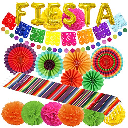 ZERODECO Fiesta Party Dekoration, Mehrfarbig Mexikanischer Tischläufer Papier Pompom Mexiko Banner Aufhängen Fächer Golden FIESTA Luftballons Punkt-Girlande für Cinco de Mayo Geburtstag Mexiko von ZERODECO