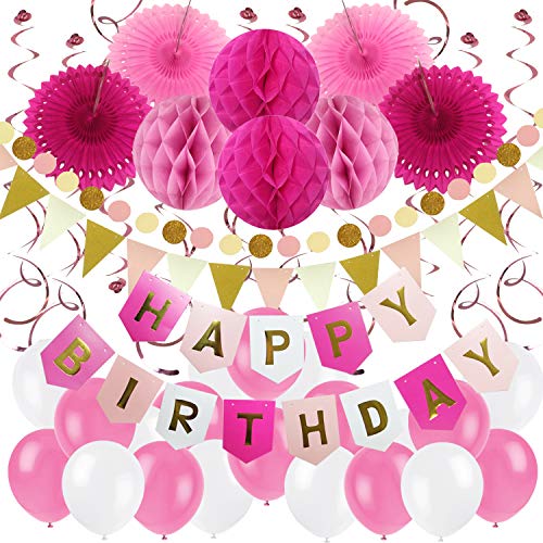 ZERODECO Geburtstag Dekoration, Happy Birthday Banner Wabenbälle und Fächerdekoration Papier Girlande Fächer Dreieckige Wimpel Spiral Girlanden und Luftballon - Rosa, Pink und Weiß von ZERODECO