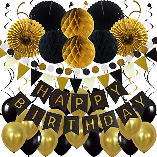 ZERODECO Geburtstag Dekoration, Happy Birthday Banner Wabenbälle und Fächerdekoration Papier Girlande Fächer Dreieckige Wimpel Spiral Girlanden und Luftballon - Schwarz, Gold und Grau ZERODECO Geburtstag Dekoration, Happy Birthday Banner Wabenbälle und Fächerdekoration Papier Girlande Fächer Dreieckige Wimpel Spiral Girlanden und Luftballon - Schwarz, Gold und Grau von ZERODECO