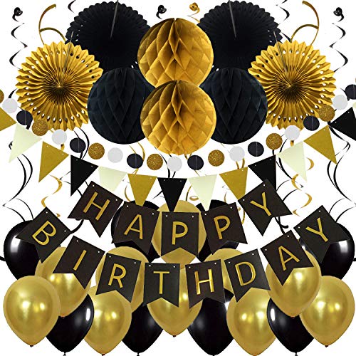 ZERODECO Geburtstag Dekoration, Happy Birthday Banner Wabenbälle und Fächerdekoration Papier Girlande Fächer Dreieckige Wimpel Spiral Girlanden und Luftballon - Schwarz, Gold und Grau von ZERODECO