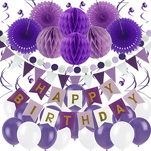 ZERODECO Geburtstag Dekoration, Happy Birthday Banner Wabenbälle und Fächerdekoration Papier Girlande Fächer Dreieckige Wimpel Spiral Girlanden und Luftballon - Violett, Lavendel und Weiß von ZERODECO