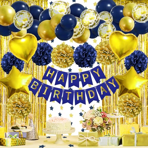 ZERODECO Geburtstagsdeko Marineblau Gold, Happy Birthday Girlande Pompons Fransen Vorhang Luftballons Geburtstagsdeko Jungen Geburtstagsdeko Herren Kindergeburtstag Deko Geburtstag Party Zubehör von ZERODECO