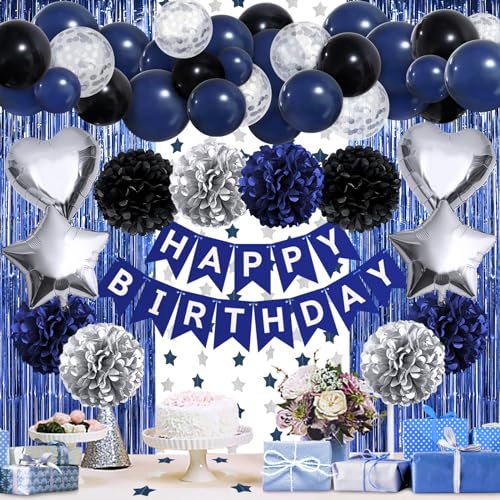 ZERODECO Geburtstagsdeko Marineblau Schwarz, Happy Birthday Girlande Pompons Fransen Vorhang Luftballons Geburtstagsdeko Jungen Geburtstagsdeko Herren Kindergeburtstag Deko Geburtstag Party Zubehör von ZERODECO