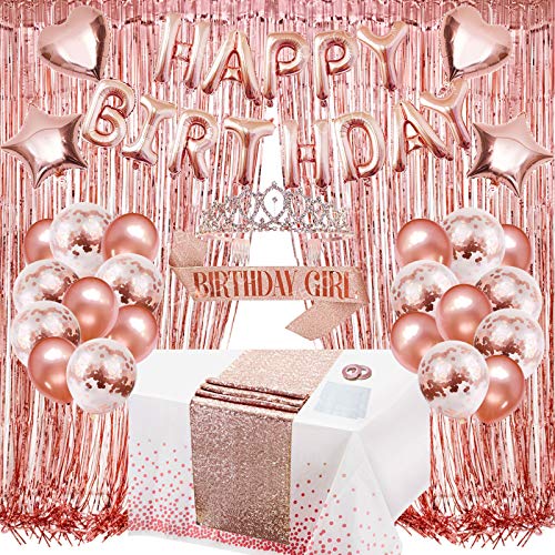 ZERODECO Geburtstagsdeko Roségold, Happy Birthday Girlande Glitzer-Tischläufer Weiße Tischdecke Schärpe Tiara Glitzer Vorhang Herz Stern Folienballon Konfetti Ballon Party Dekorationen für Mädchen von ZERODECO