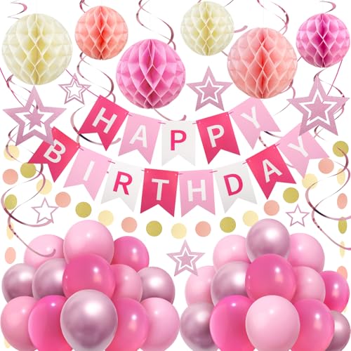 ZERODECO Geburtstagsdekorationen, einfach zu montierendes Rosa "Happy Birthday"-Banner mit Wabenkugeln, Ballon, Spiralgirlanden, Girlanden, Geburtstagspartydekorationen für Frauen, Mädchen und Kinder ZERODECO Geburtstagsdekorationen, einfach zu montierendes Rosa "Happy Birthday"-Banner mit Wabenkugeln, Ballon, Spiralgirlanden, Girlanden, Geburtstagspartydekorationen für Frauen, Mädchen und Kinder von ZERODECO