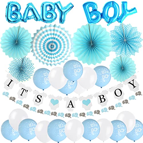 ZERODECO Junge Baby Dusche Dekoration, Blau It's A Boy Girlande Baby Boy Folie Ballons Aufhängen Fächer Elefant Girlande Banner und Luftballons für Baby Shower Babydusche von ZERODECO