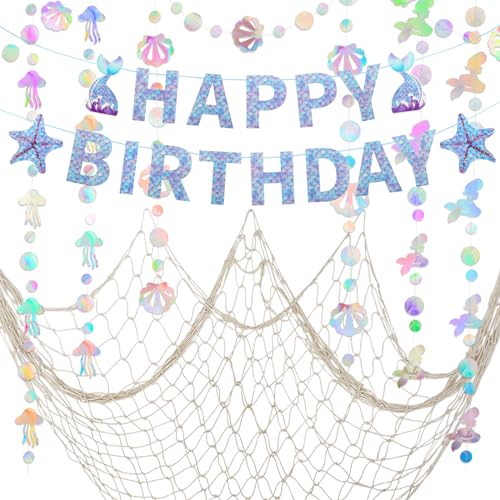 ZERODECO Meerjungfrau Geburtstag Dekorationen - Irisierende Girlande, Happy Birthday Banner und Fischnetz für Thema Piraten Nautische Party ZERODECO Meerjungfrau Geburtstag Dekorationen - Irisierende Girlande, Happy Birthday Banner und Fischnetz für Thema Piraten Nautische Party von ZERODECO