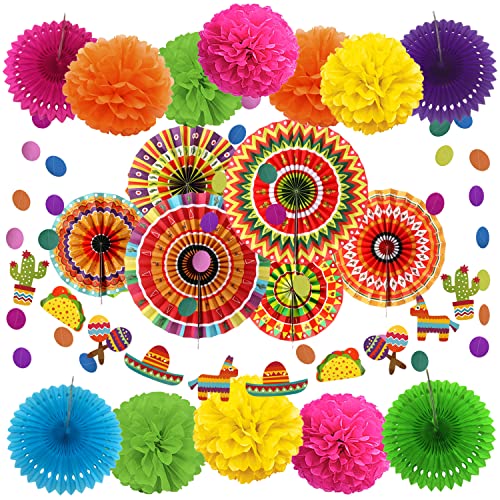 ZERODECO Mexikanische Party Dekorationen 21 mehrfarbige mexikanische Papierfächer Pom Poms Blumen für mexikanische Feiertage Cinco De Mayo Taco Thema Geburtstagsparty Artikel von ZERODECO