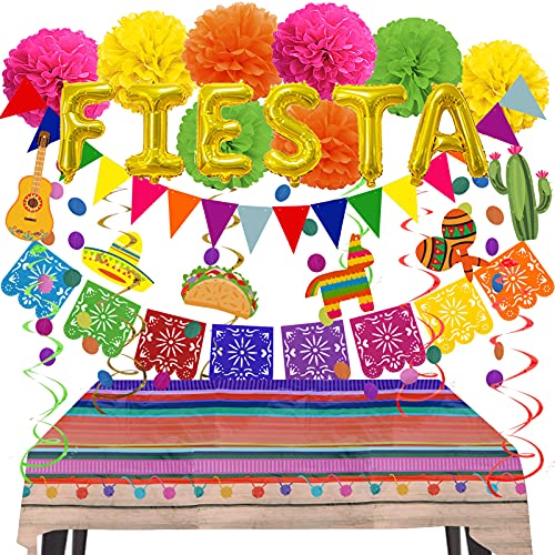 ZERODECO Mexiko Fiesta Party Dekorationen, Mehrfarbig Papier Pompoms Mexiko Tischdecke Fiesta Folienballons Spiralen Mexikanisches Banner Girlanden zum Cinco de Mayo Fiesta Geburtstags Party von ZERODECO