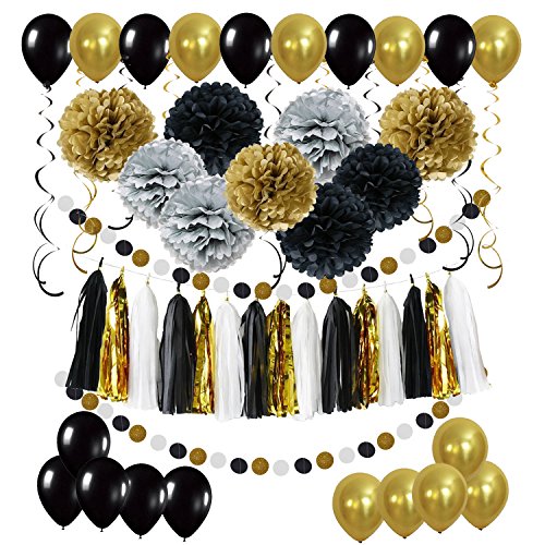 ZERODECO Partei Dekorationen, Pompoms Blumen Spiral Girlanden Quasten Girlande Polka Dot Papier Girlande und Luftballon für Geburtstag Parteien Hauptdekorationen-Schwarz, Gold und Silber ZERODECO Partei Dekorationen, Pompoms Blumen Spiral Girlanden Quasten Girlande Polka Dot Papier Girlande und Luftballon für Geburtstag Parteien Hauptdekorationen-Schwarz, Gold und Silber von ZERODECO